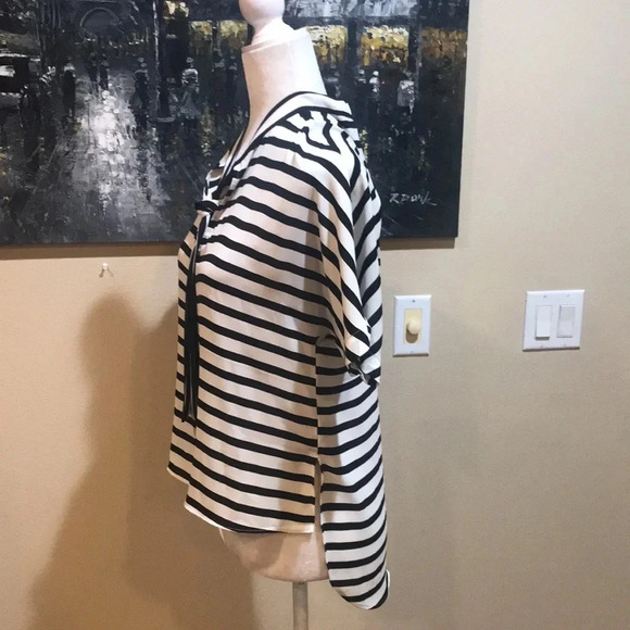 Express Black and White Stripe Tie Neck Blouse-Size Small - Picture 2 of 7